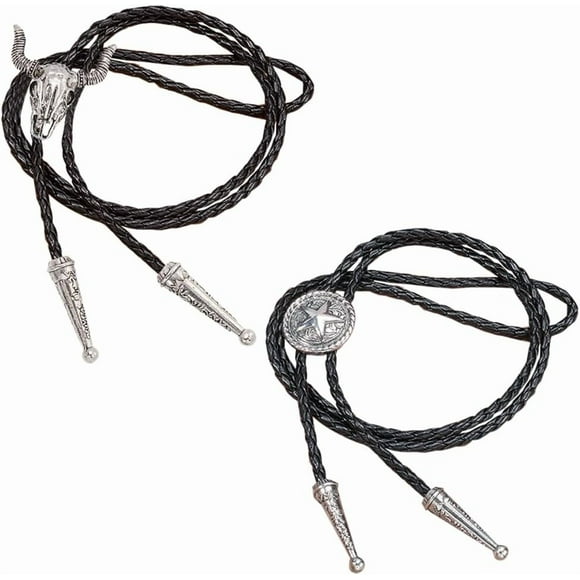 2PCS 2 Styles Black Leather Bolo Ties Silver Vintage Cowhead Round Star Pendant Necklace Adjustable Western Cowboy Retro Necktie Bola Tie Rodeo Jewelry Costume Accessories for Men Women