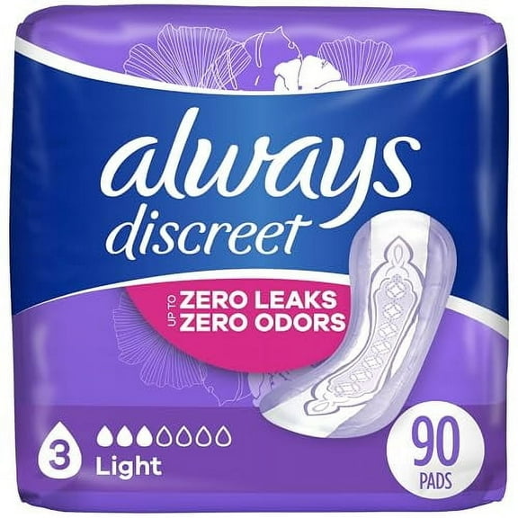 Always Discreet Adult Incontinence & Postpartum Pads for Women, Size 3, Light Absorbency, Regular Length, 30 Count x 3 Packs (90 Count total) (Packaging May Vary)