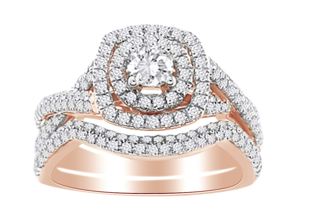 AFFY Round Cut White Diamond Dual Halo Bridal Ring Set In 14K Solid Rose Gold (1 Cttw)