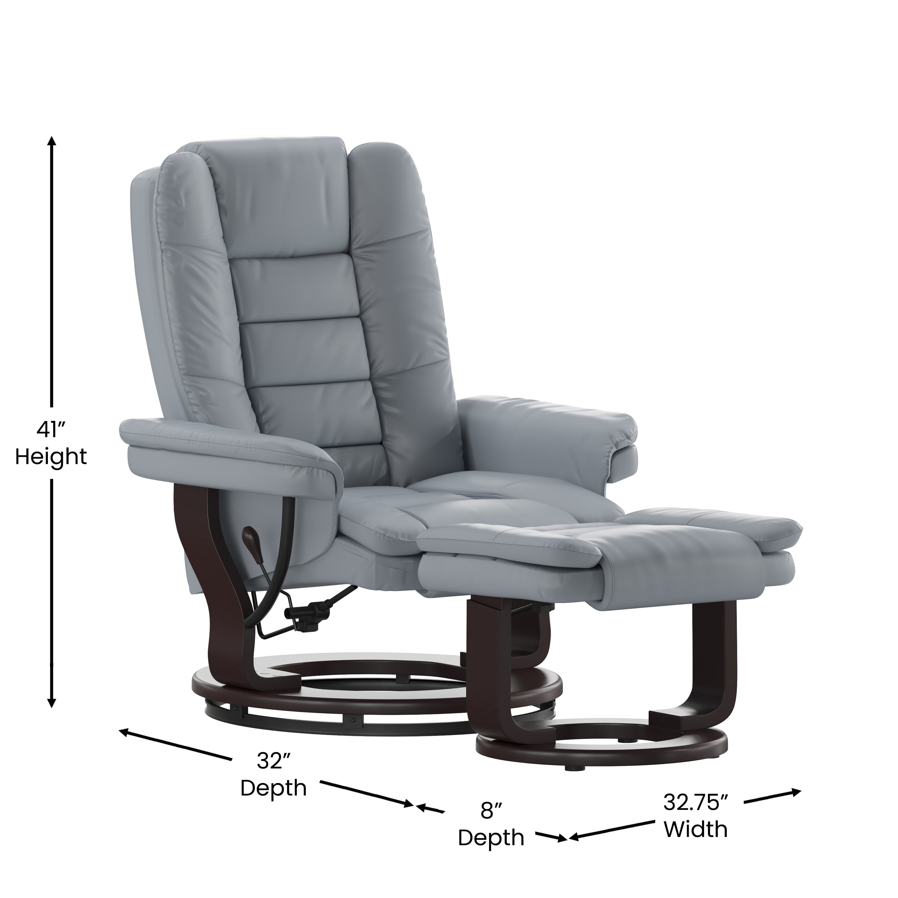 BizChair Contemporary Multi-Position Recliner with Horizontal Stitching and Ottoman with Swivel Mahogany Wood Base in Gray LeatherSoft