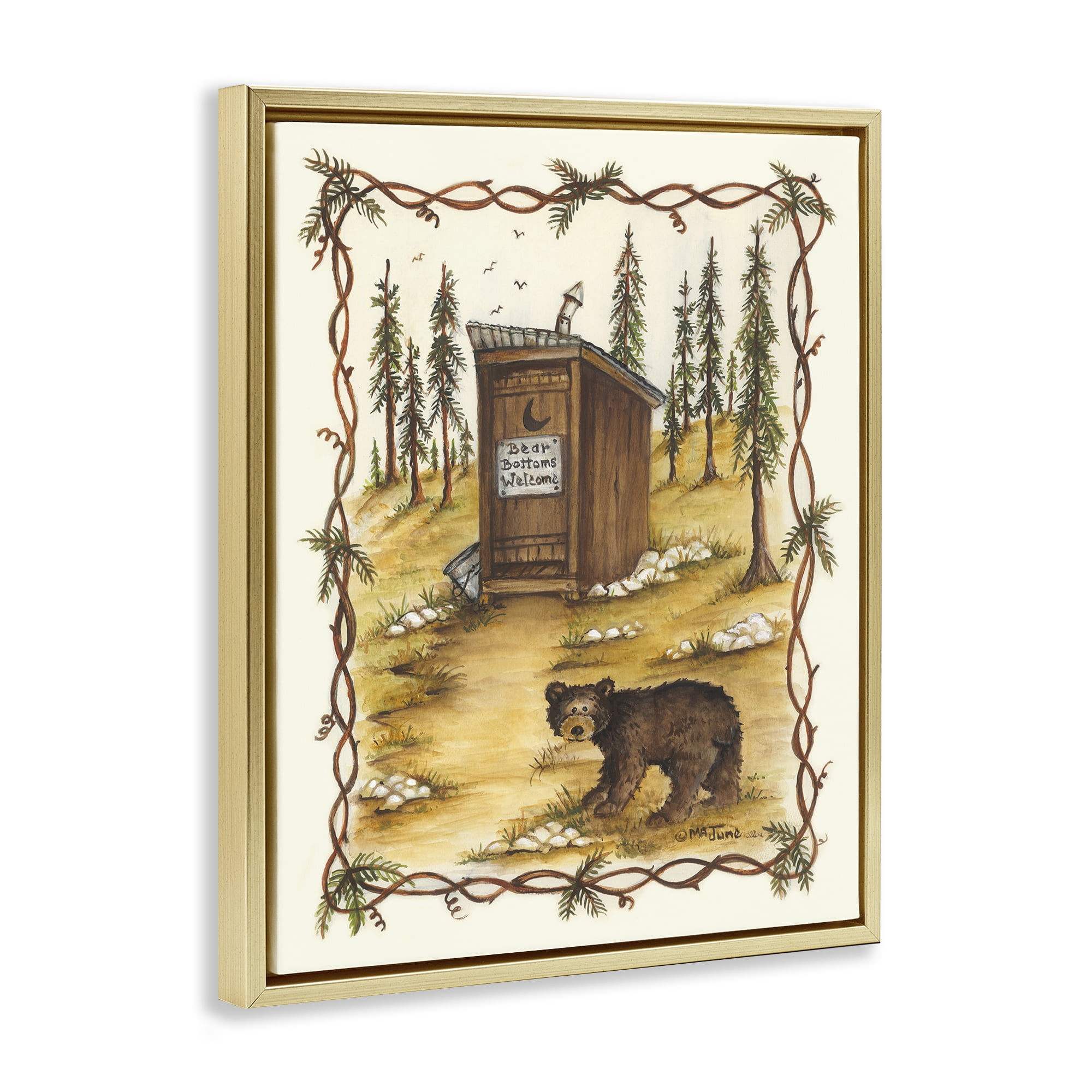 Stupell Industries Bear Bottoms Welcome Animals & Insects Painting Gold Floater Framed Art Print Wall Art, 17 x 21