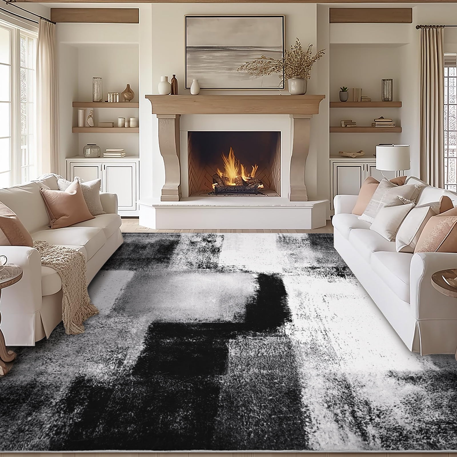 Bleum Cade Modern Abstract Area Rugs 6x9,Large Rugs for Living Room, Machine Washable Rug Indoor Rugs for Bedroom, Non-Slip Low-Pile Soft Carpet for Bedroom, Dining Room Office,Black