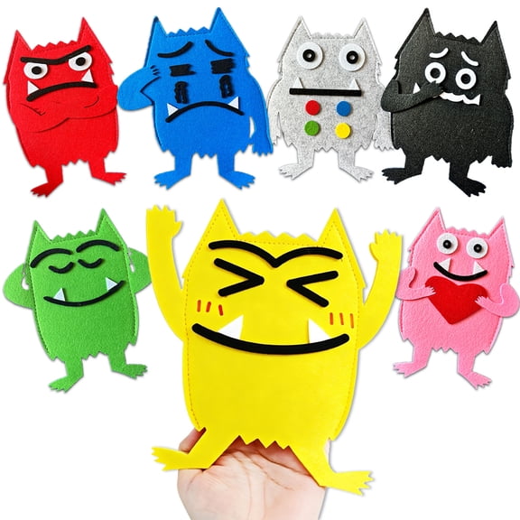 HOOJOJO Color Monster Felt Story Set, 7 Pcs Hand Puppets Montessori Educational Toy, Learn Emotions & Expressions, Ages 3 