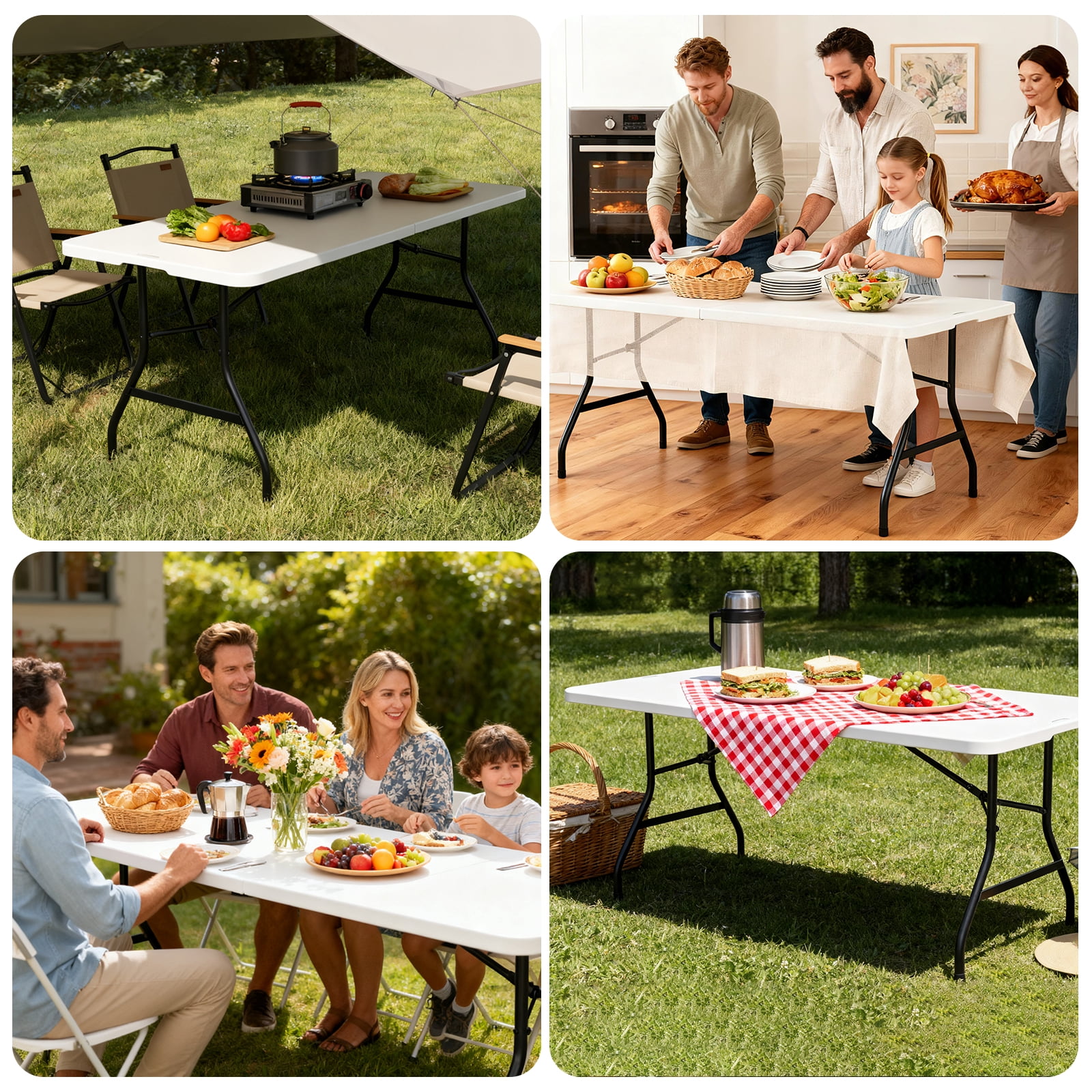 MAKE CHANGES 6ft Portable Folding Table, Outdoor Dining Table Mesas Para Fiestas Portable Folding Square Card Table, Perfect for Party, Dining, Wedding, Events, Picnic, Indoor Outdoor, Camping, White