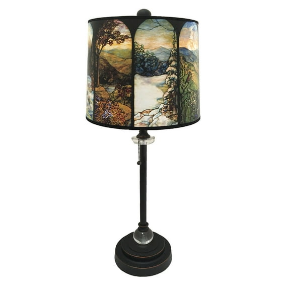 Royal Designs 28" Crystal and Oil Rub Bronze Buffet Lamp with Four Seasons Stained Glass Design Hard Back Lamp Shade