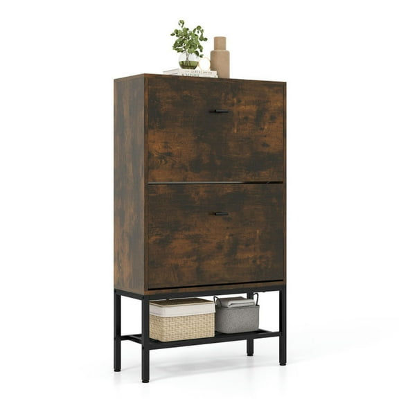Resenkos Shoe Cabinet, Industrial Shoe Storage Cabinet with 2 Flip Drawers and 1 Bottom Metal Shelf-Brown