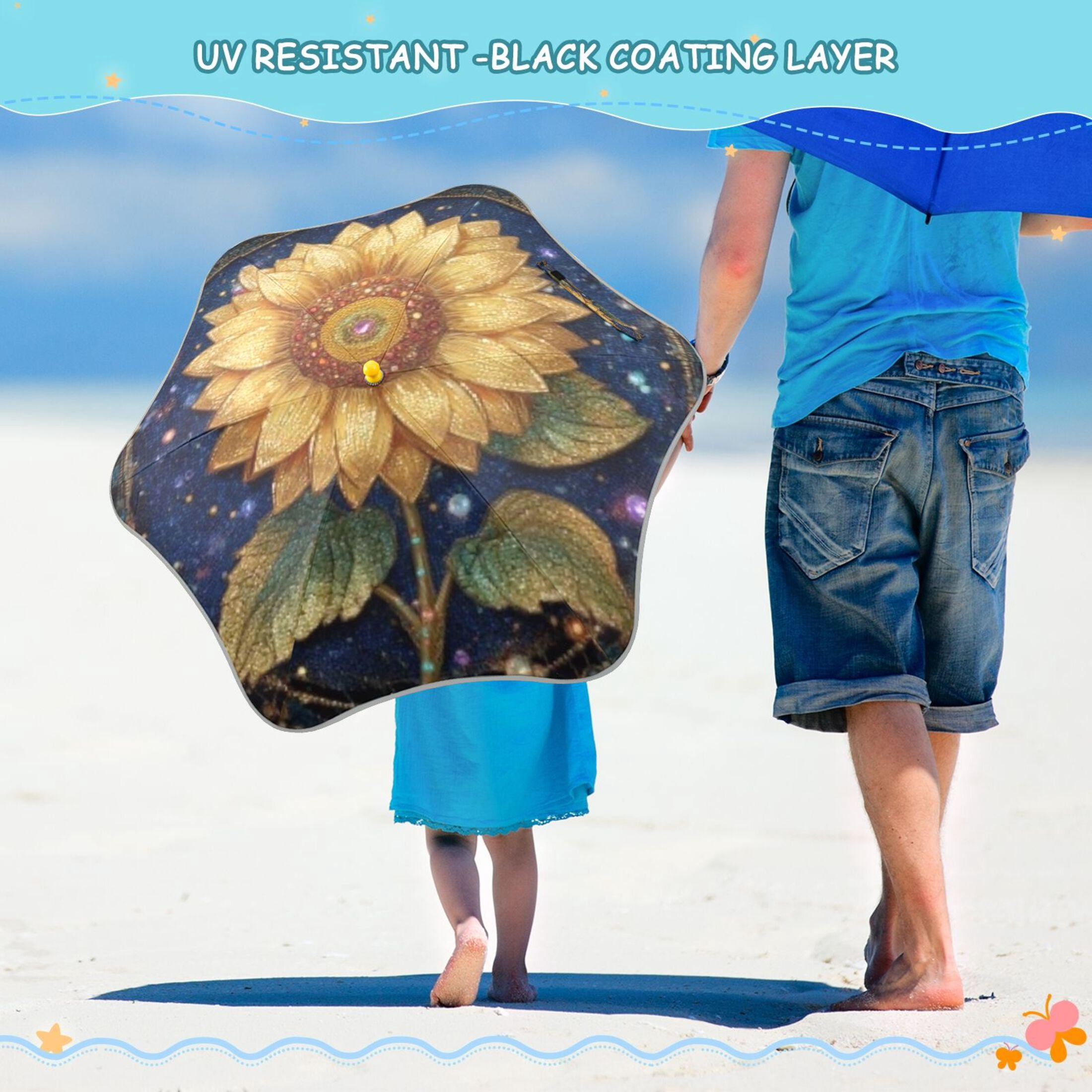 BZSMCE Folding Umbrellas Rain & UV Protection Windproof In Celestial Gilded Sunflower Pattern