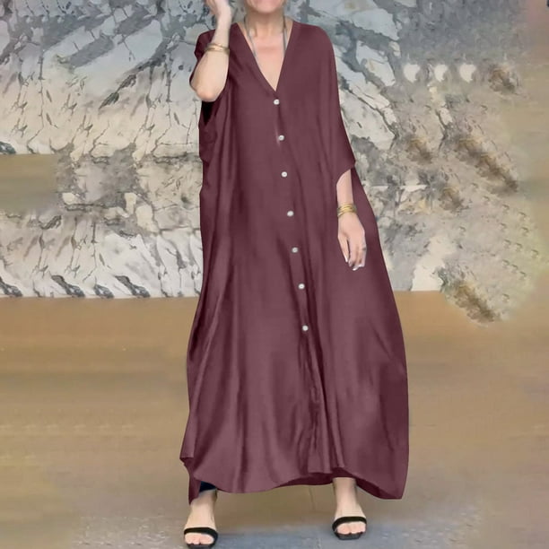 mfyjkho Vestidos midi para mujer, Vestido informal holgado de satén con cuello en V y botones de color liso para mujer Vestidos de otoño m