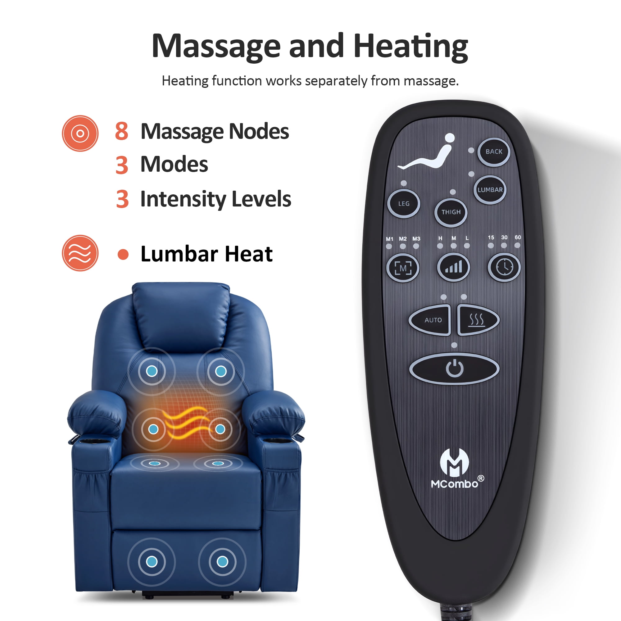 MCombo Electric Power Lift Recliner Chair Sofa with Massage and Heat for Elderly, 3 Positions, 2 Side Pockets, and Cup Holders, USB Ports, Faux Leather 7141 Blue, Small