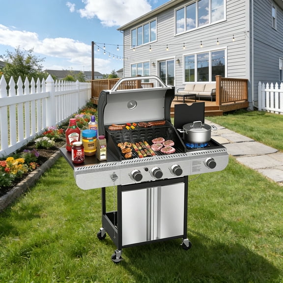 4-Burner Propane Gas BBQ Grill with Side Burner, 37,000 BTU Stainless Steel Construction with Porcelain-Enameled Grates for Outdoor Cooking, Camping, and Patio Backyard