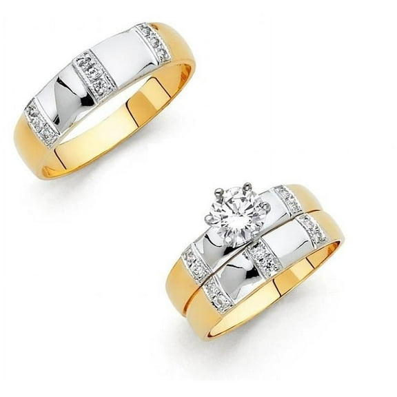 Trust Jewelry 14k Two Tone Gold Wedding Ring Set, 1.30 ct. t.w CZ, 14K Gold, (His & Her)