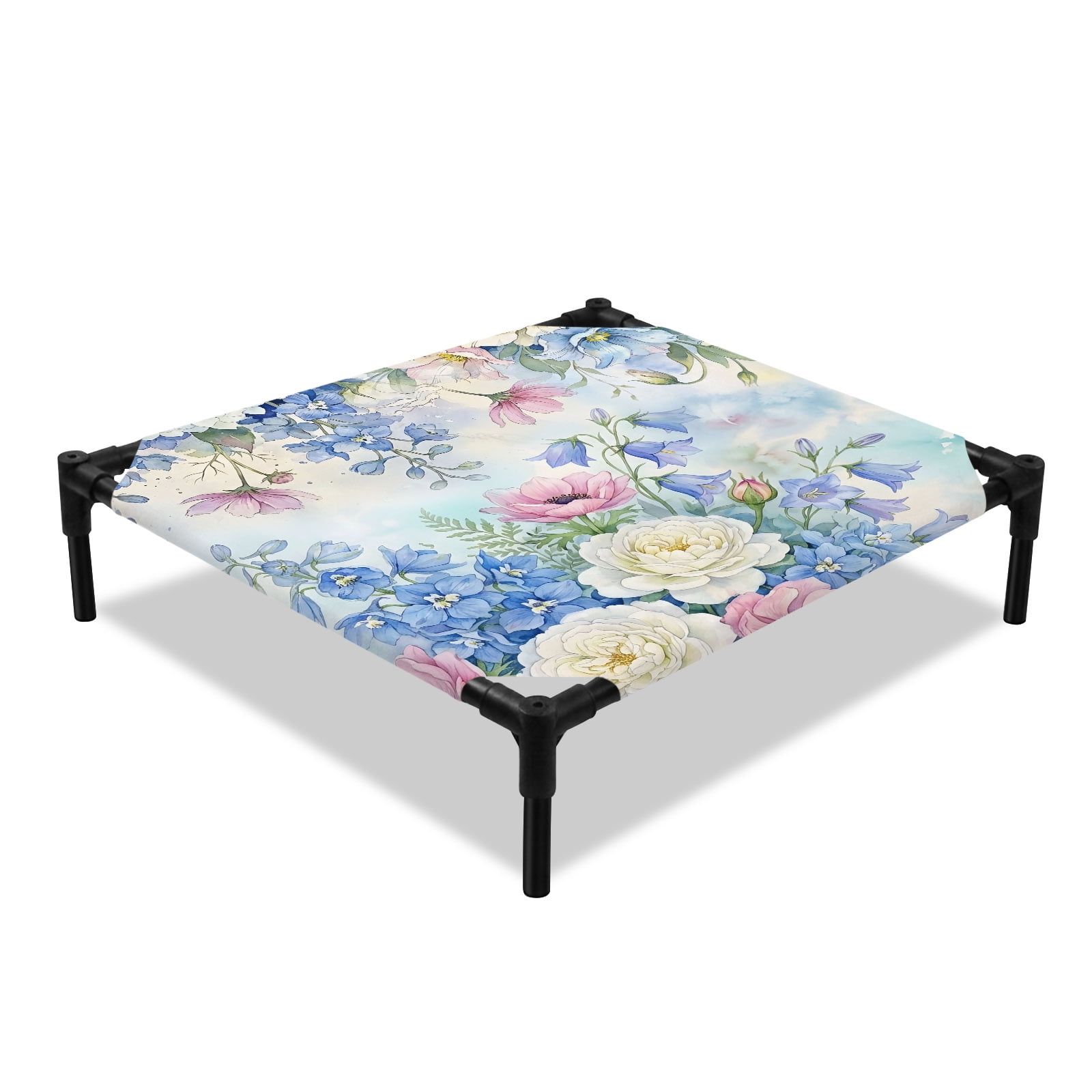 Flowers Elevated Dog Bed Spring Watercolor Blue Pink Floral Gradient Blue Yellow Cooling Breathable Outdoor Raised Dog Cot Bed with Metal Frame Non-Slip Feet for Small Dog 20x20in