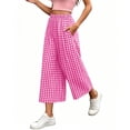 thumbnail image 4 of Costeam Womens Gingham Plaid Elastic High Waist Cropped Wide Leg Capri Pants Dual Side Inset Hand Pockets Soft Lightweight Knit Loose Fit Summer Casual Trousers, 4 of 6