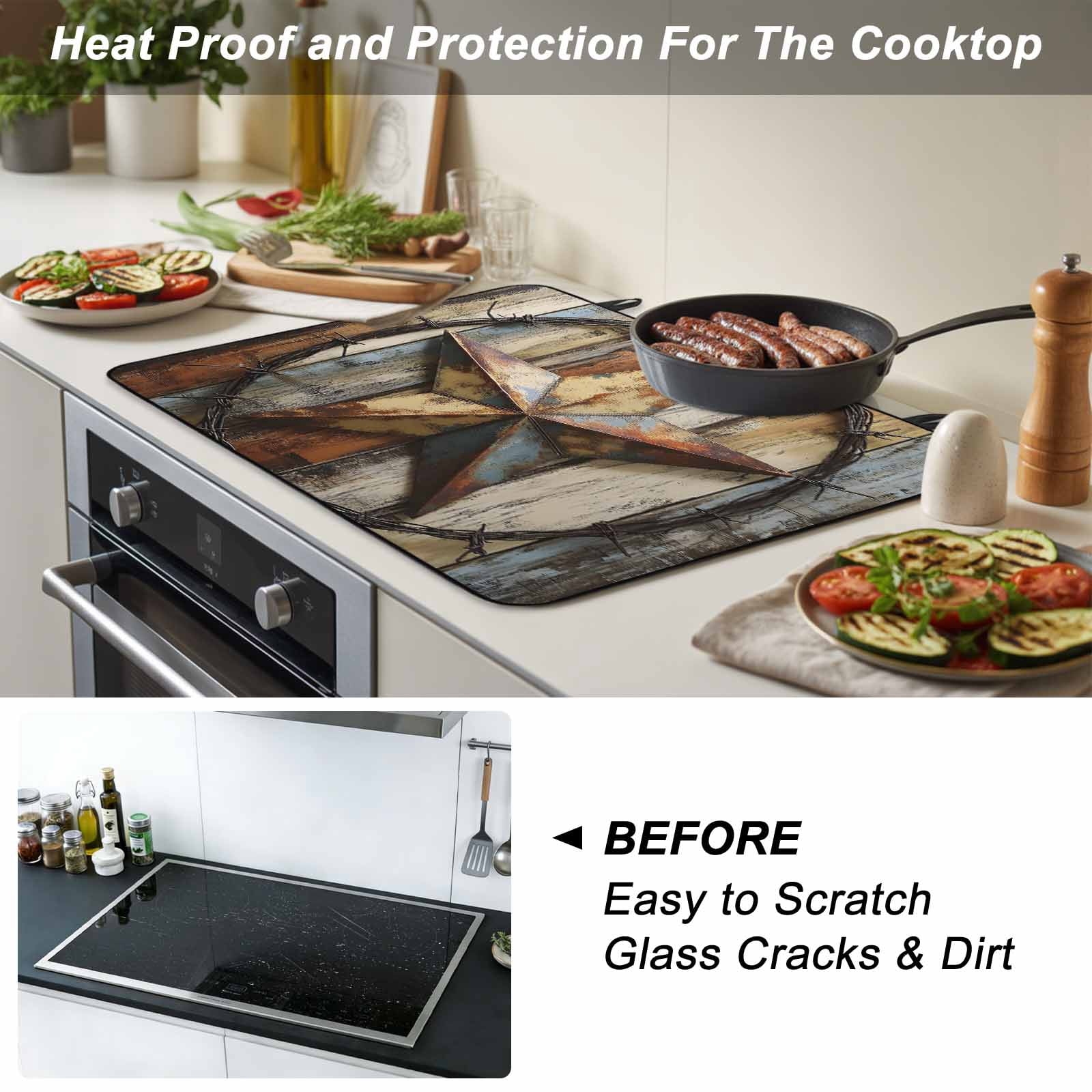 Vintage Farmhouse Stove Top Cover for Electric Stove, Heat-proof & Non Slip Glass Top Stove Cover Protector, Country Western Texas Star Wood Grain Kitchen Flat Cooktop Rubber Mat 24x21 Inches