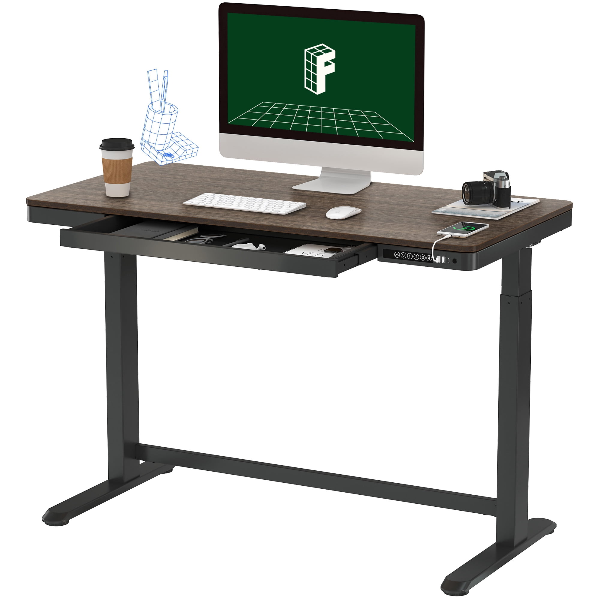 FLEXISPOT 48" W Home Office Height Adjustable Standing Desk Bamboo Top with USB Charge Ports, Drawer