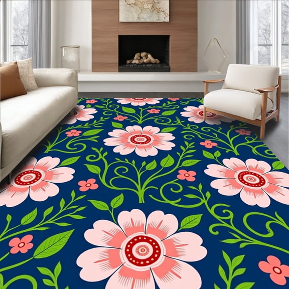ODIKA 4'x6' Machine Washable Non-Slip Area Rug, Victorian Garden Scrollwork with Flourishing Petal and Vine Details High Traffic Rug, Navy, 389877