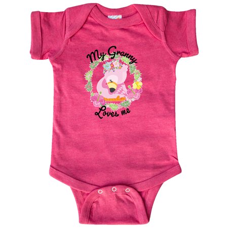 

Inktastic Baby Flamingo My Granny Loves Me with Flower Wreath Gift Baby Boy or Baby Girl Bodysuit