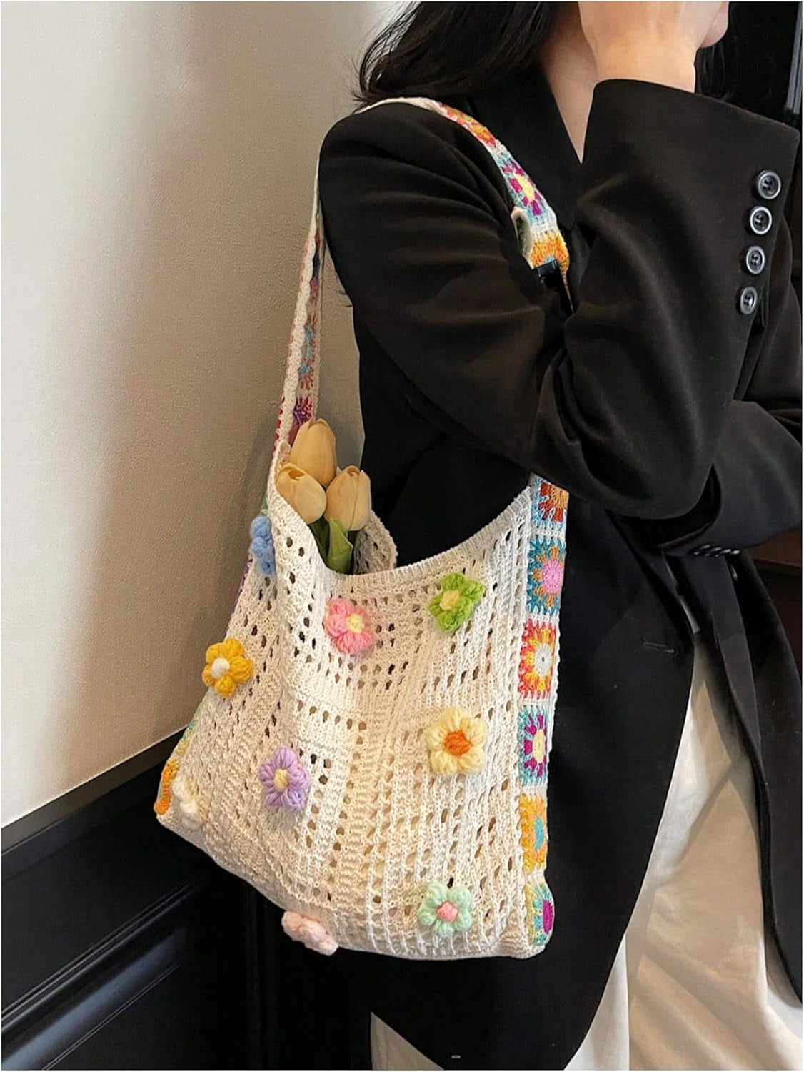 CAILDANL Women's Boho Embroidery Crossbody Bag Hollow Out Crochet Knit Shoulder Bag Tote Handbag