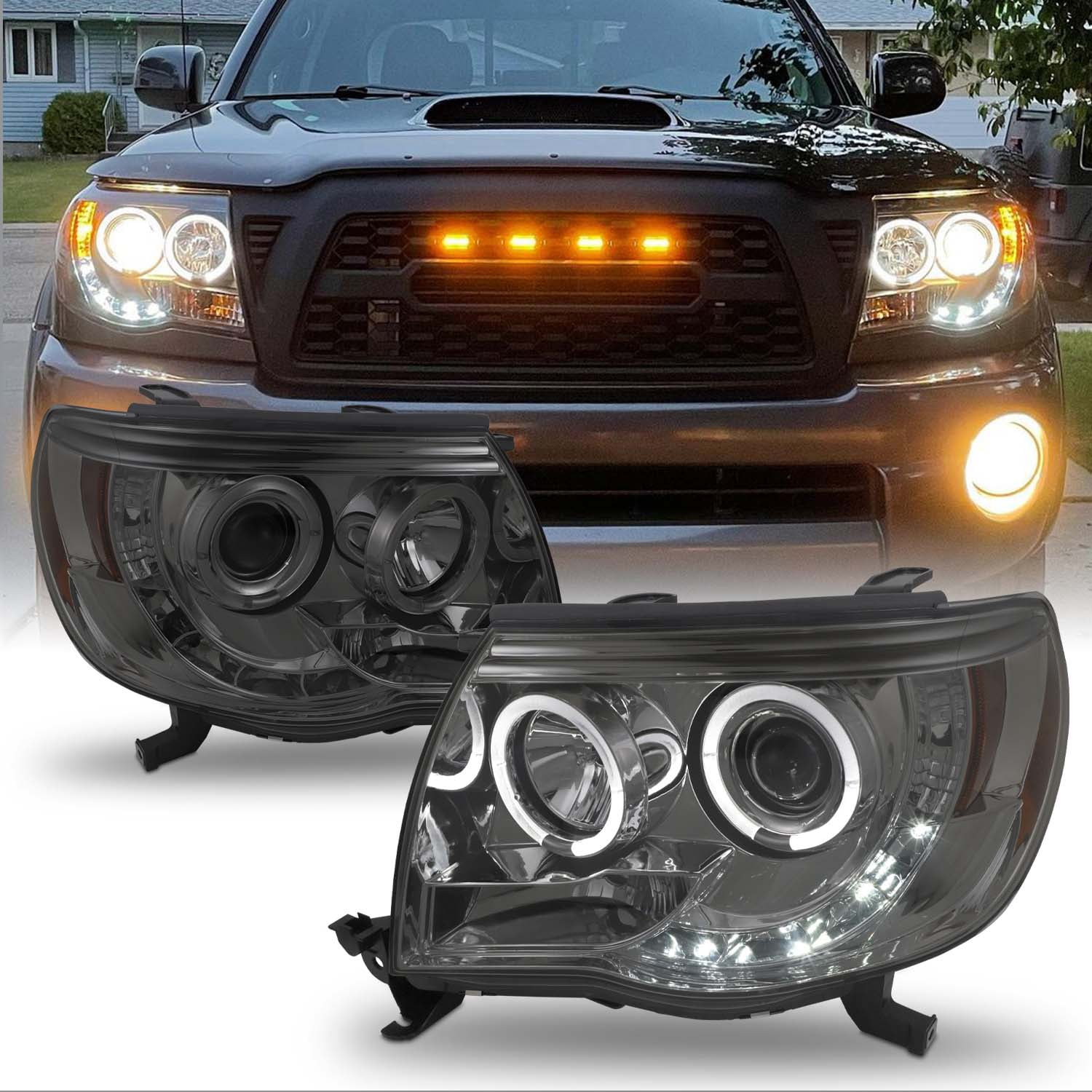 LED Halo Ring Chrome Projector Headlight Headlamp Assembly For 2005-2011 Toyota Tacoma Pickup Truck Driver & Passenger Side 