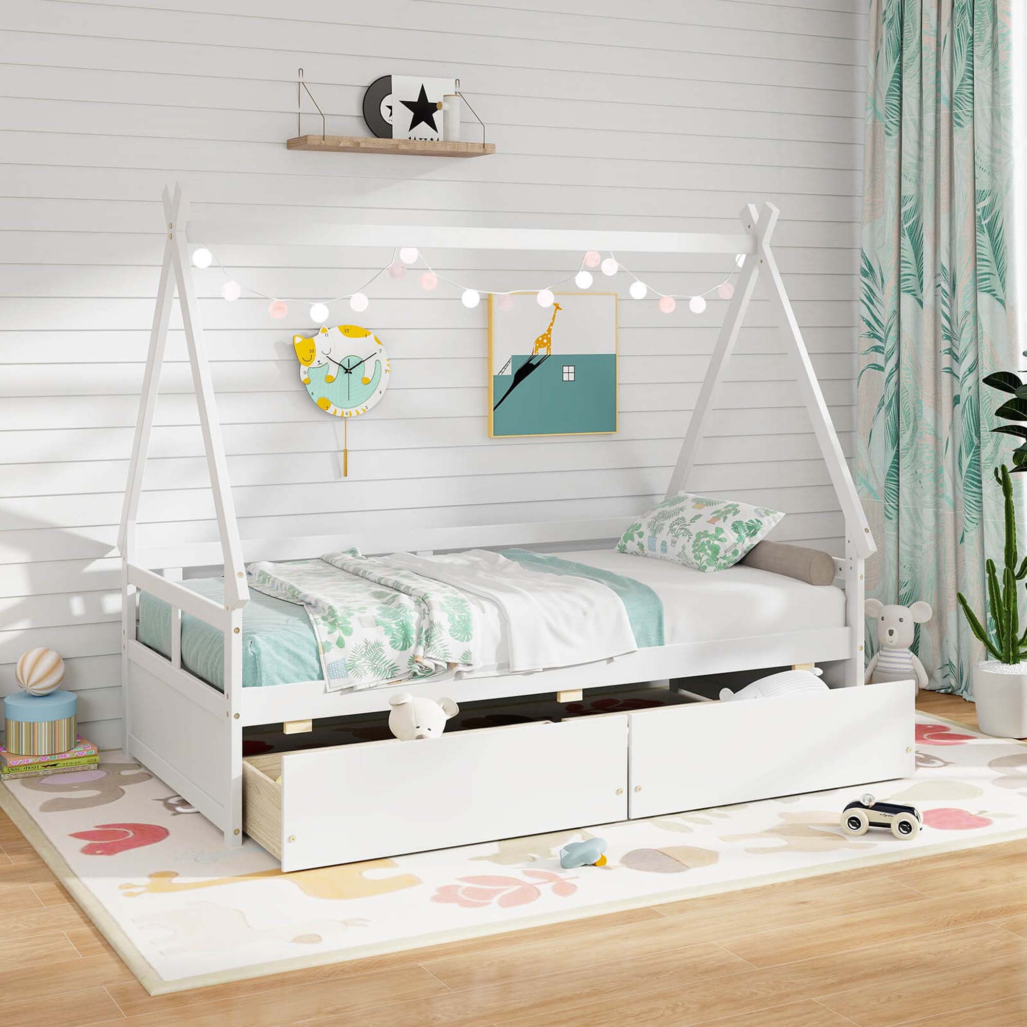 Costway Twin Size House Bed with Roof Safety Guardrail 2 Storage Drawers Wood Slat Support White