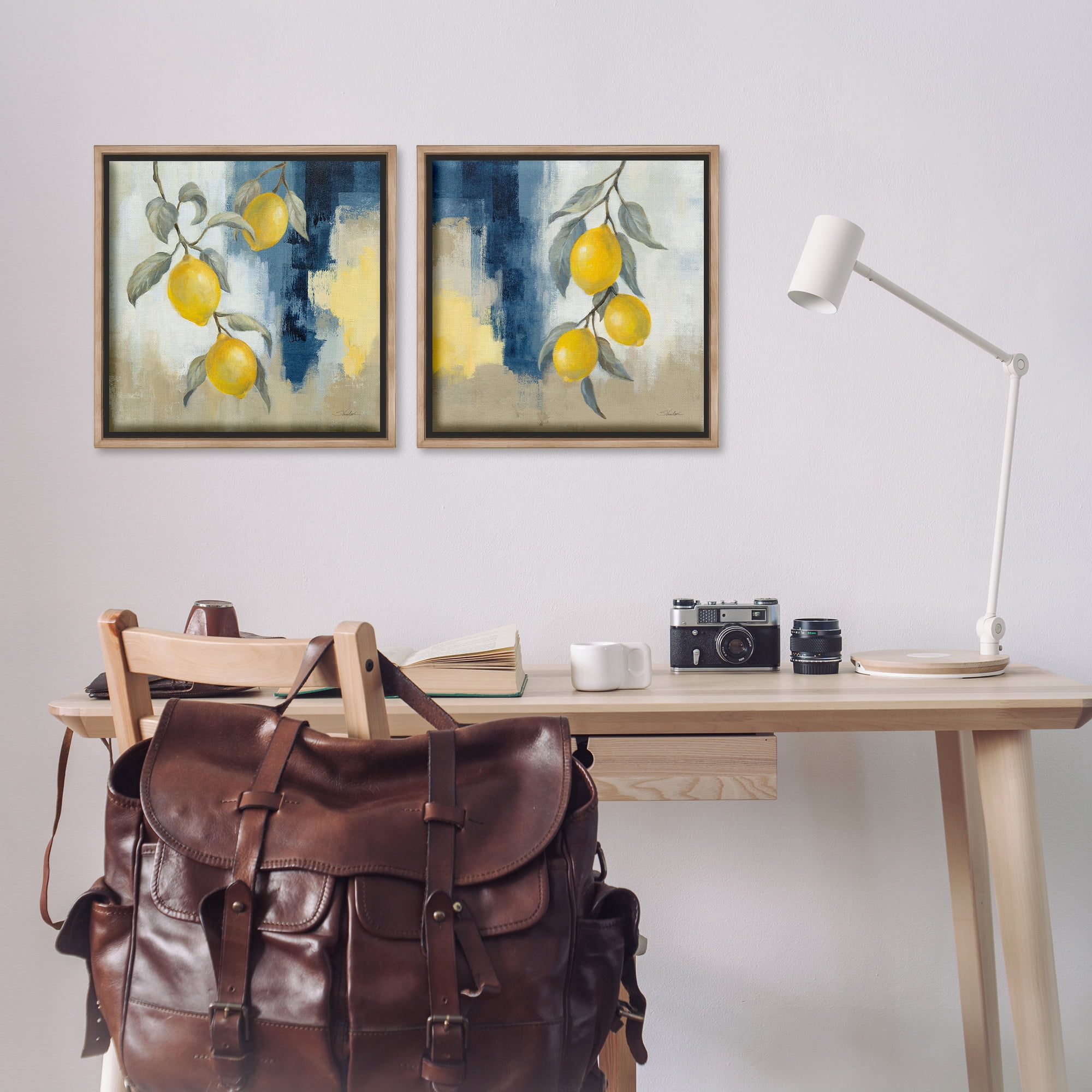 Stupell Industries Abstract Hanging Lemon Fruits Food & Beverage Painting Brown Floater Framed Canvas Art Print Wall Art, 18 x 18, Set of 2
