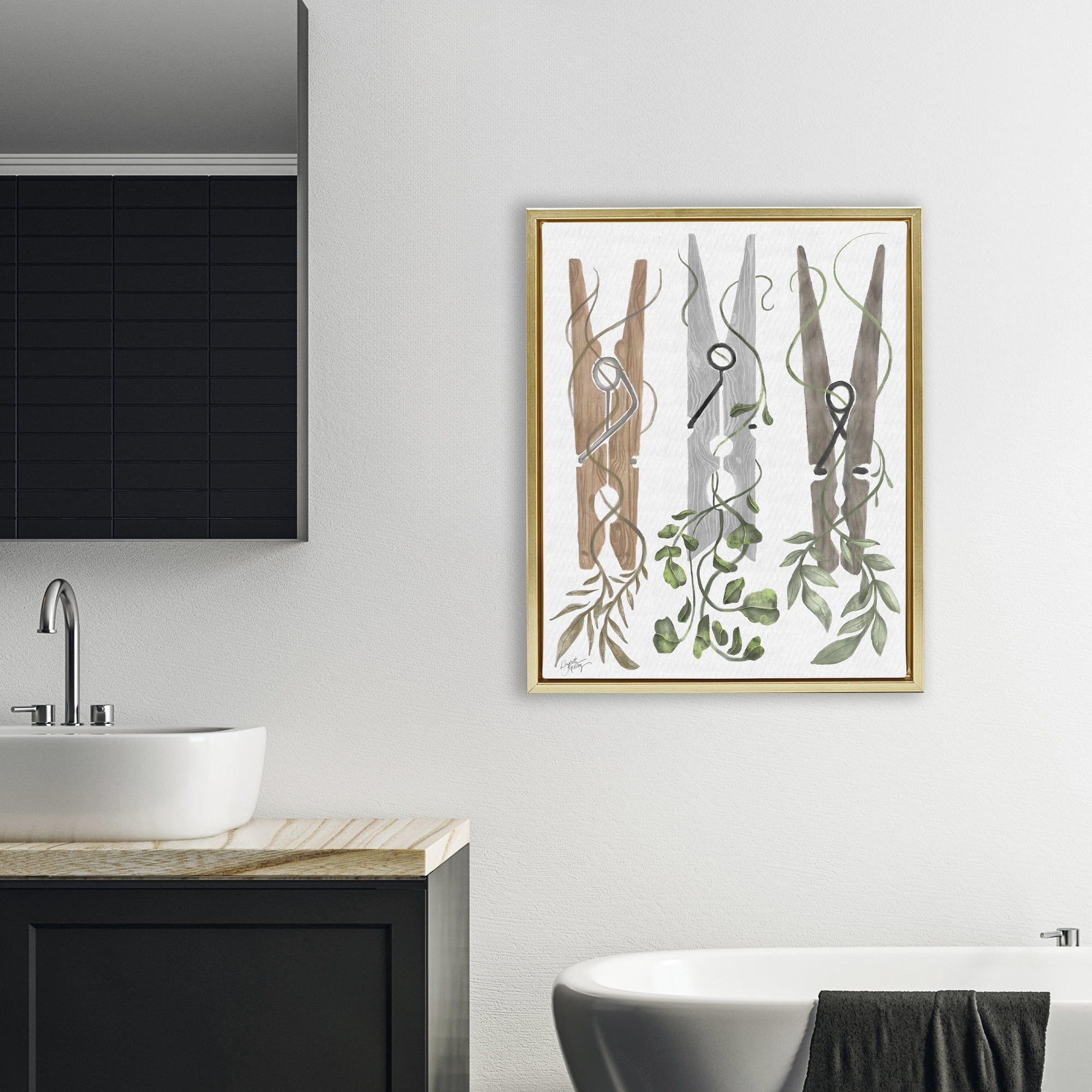 Stupell Industries Ivy Wrapped Clothespins Gold Framed Floater Canvas Wall Art, design by Elizabeth Medley