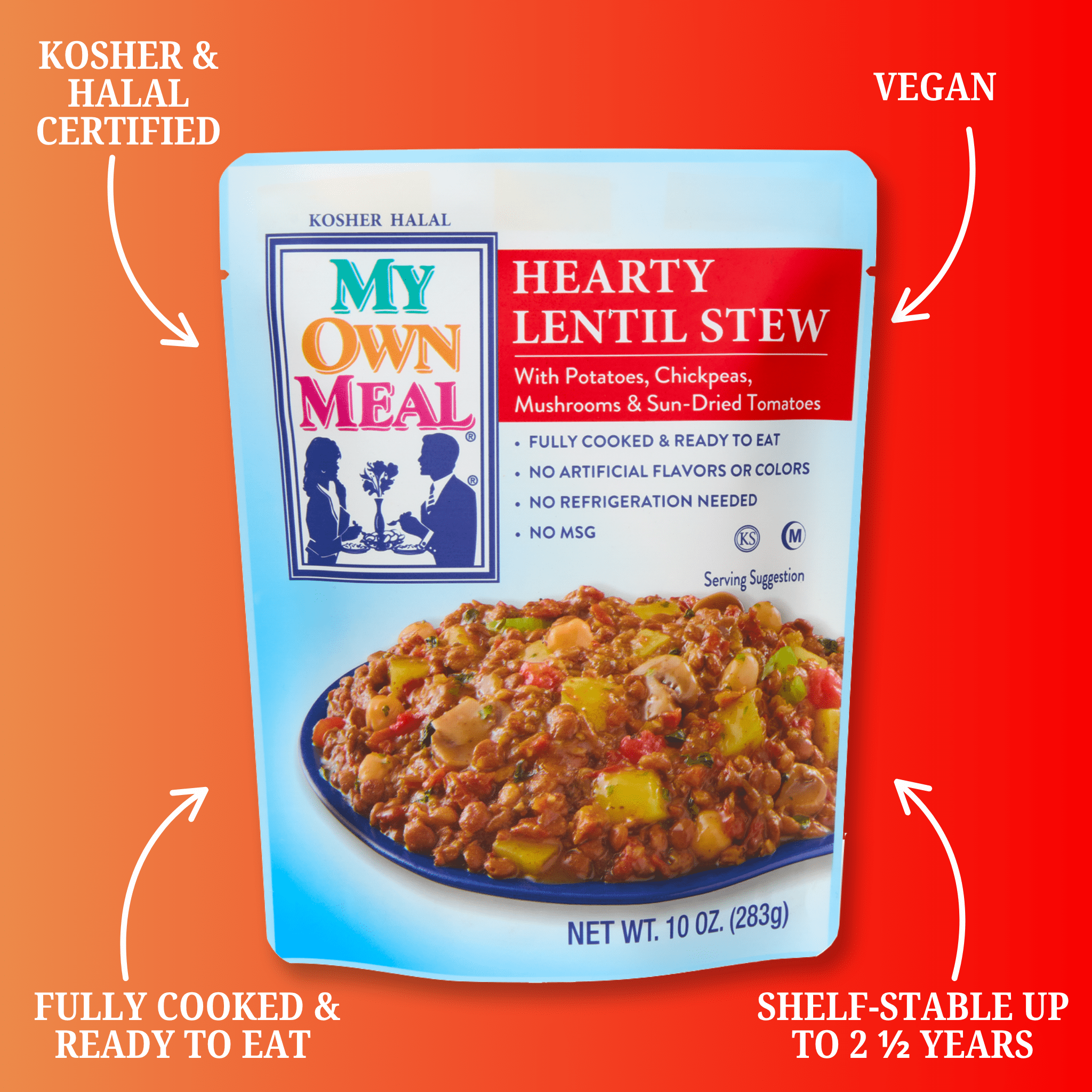 My Own Meal, Hearty Lentil Stew, Kosher and Halal Certified, Shelf Stable, 10 OZ Pack of 6