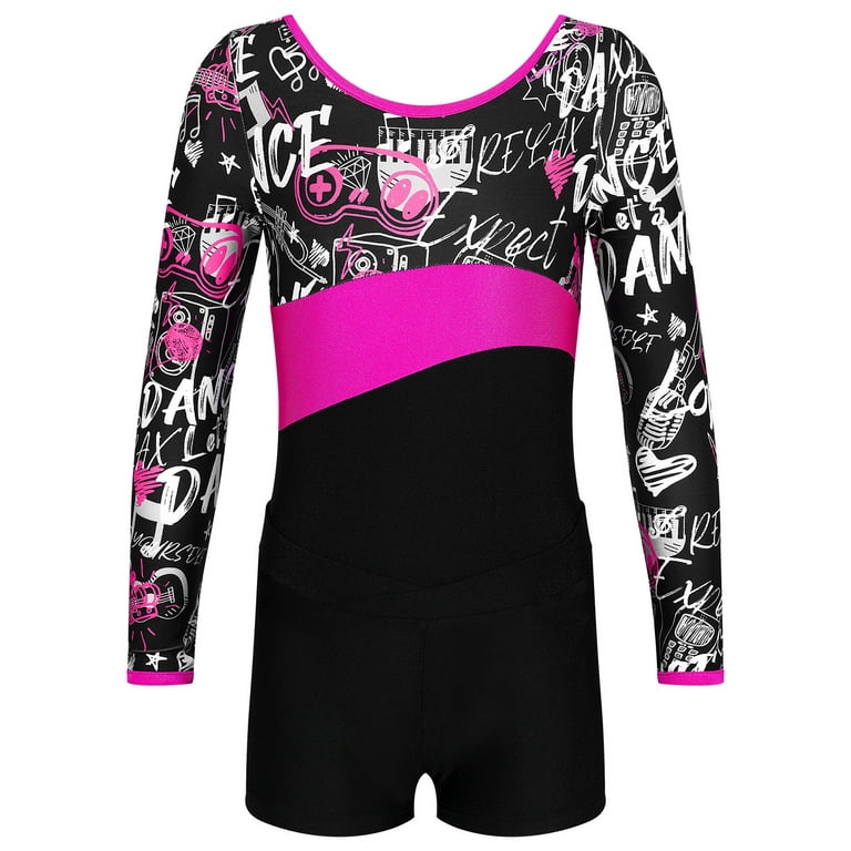 YONGHS Kids Girls 2Pcs Long Sleeve Printed Gymnastics Leotard with