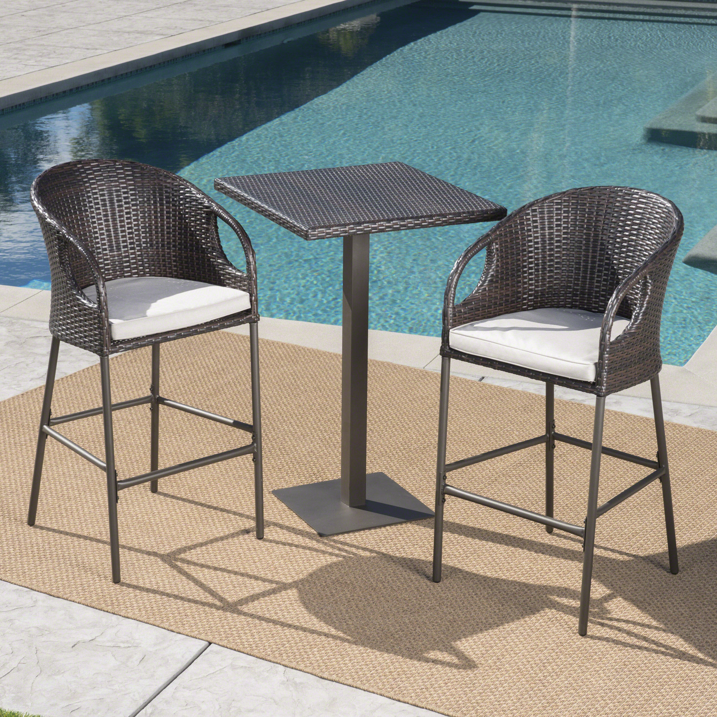 GDF Studio Mayhill Outdoor Wicker 3 Piece Bistro Bar Set with Cushion, Multibrown and Light Brown - image 3 of 13