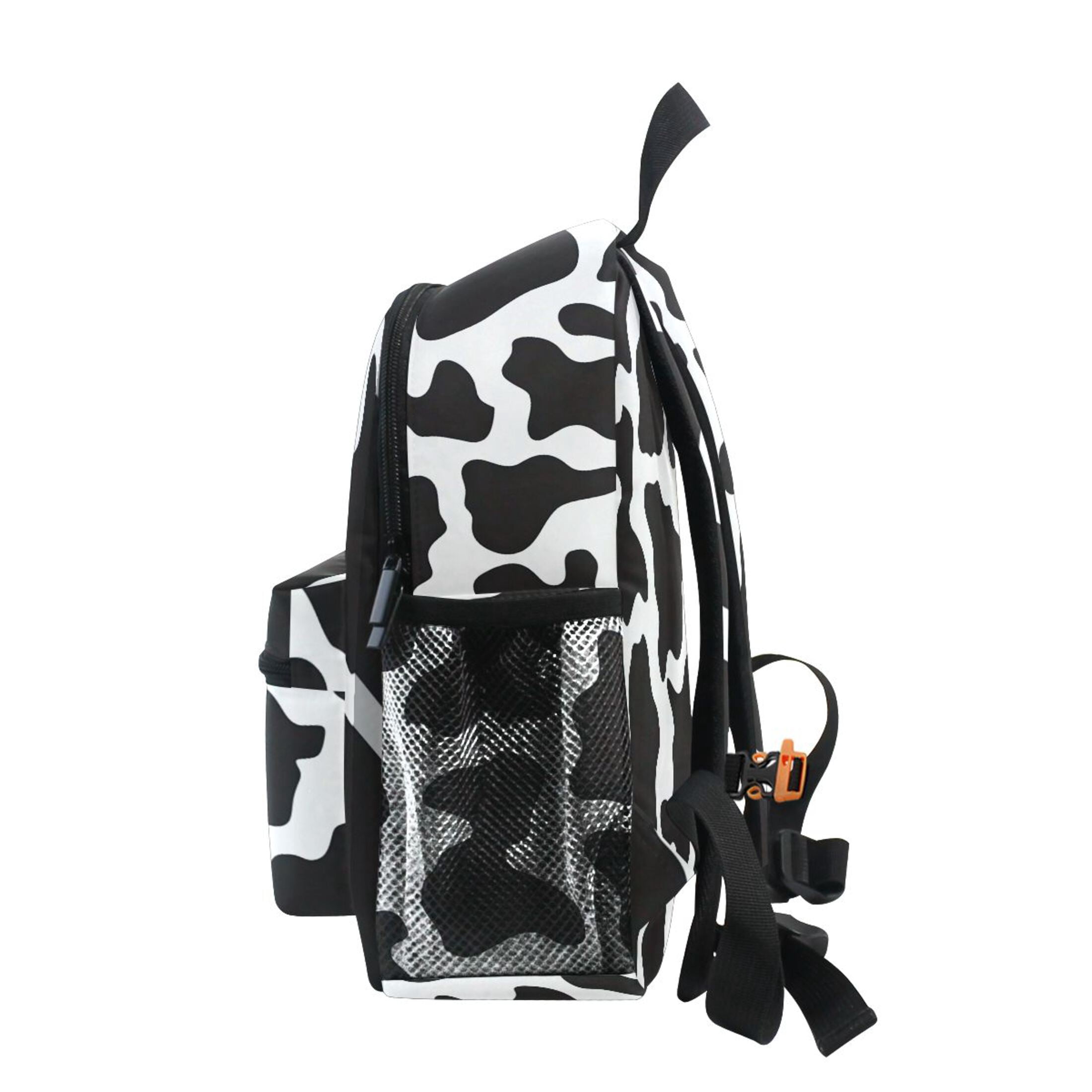 Black White Cow Print Pattern Mini Backpack Cute Small Backpack with Chest Strap and Whistle Ages 3-8