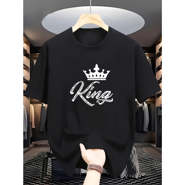 Camiseta informal de manga corta para niño con estampado de la letra "Crown King" - Estampado geométrico vibrante, cuello redondo transpirable para actividades al aire libre en verano, lavable a máq