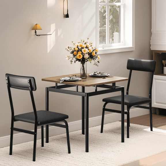 Luku 3 Piece Dining Table Set for 2, Modern Industrial Table & 2 Upholstered Chairs, Metal Frame