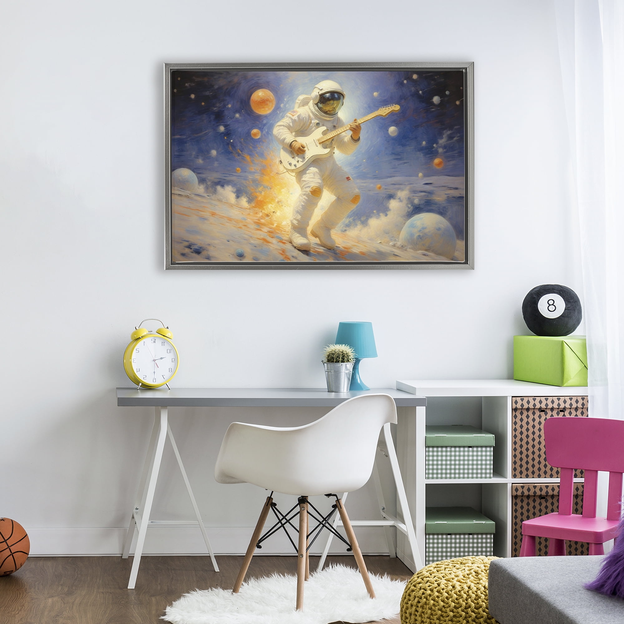 Space Astronaut Musician Gray Framed Floater Canvas Wall Art, design by Angie Hawke