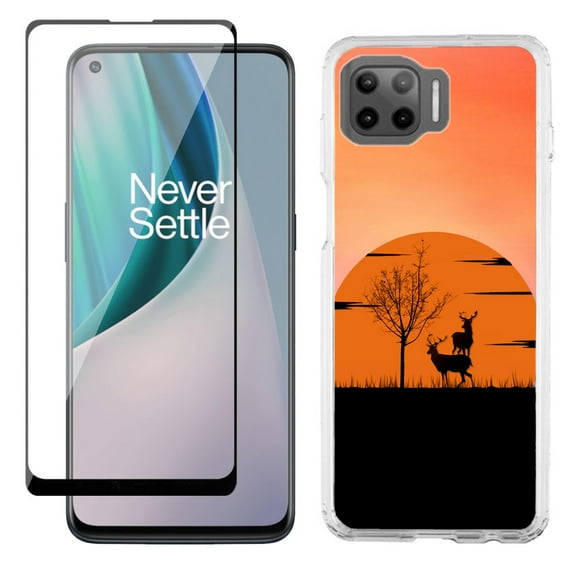Slim-Fit Protective Phone Case compatible with Motorola Moto One 5G UW, with Tempered Glass Screen Protector, by OneToughShield ® - Sunset Deer