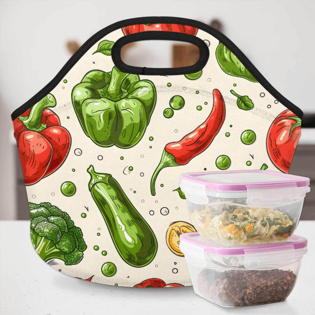 Herdesigns Food Neoprene Lunch Bag, Vegetable Insulated Lunch Box for Women Men Washable Lunch Tote Soft Lunch Container With Zipper for Work Picnic Travel