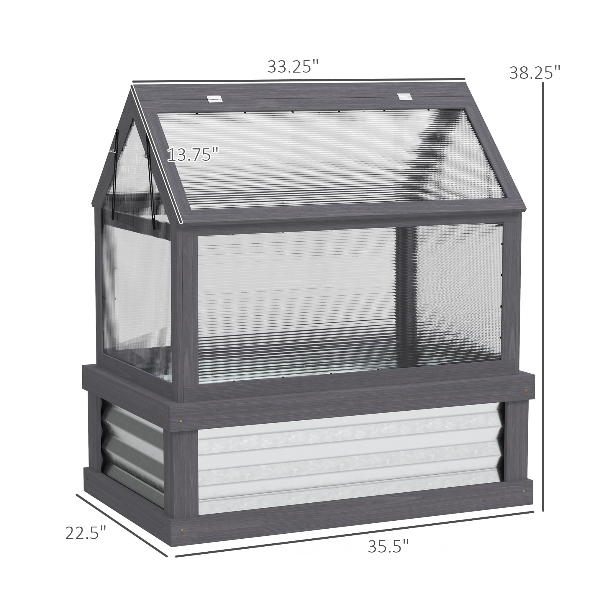 Outsunny Raised Garden Bed with Polycarbonate Greenhouse, Wooden Cold Frame Greenhouse, Garden Flower Planter Protection, 35.5"x22.5"x38.25", Gray
