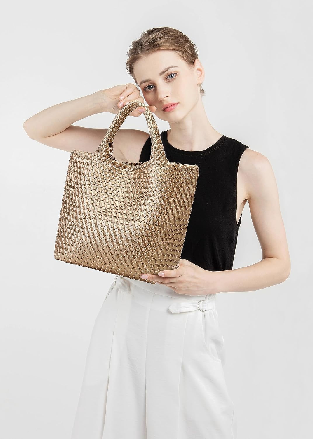 Woven Bag for Women, Vegan Leather Tote Bag Large Summer Beach Travel Handbag and Purse Retro Handmade Shoulder Bag