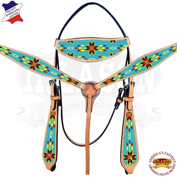 Hilason Western Horse Headstall Breast Collar Set American Leather Beaded Closer