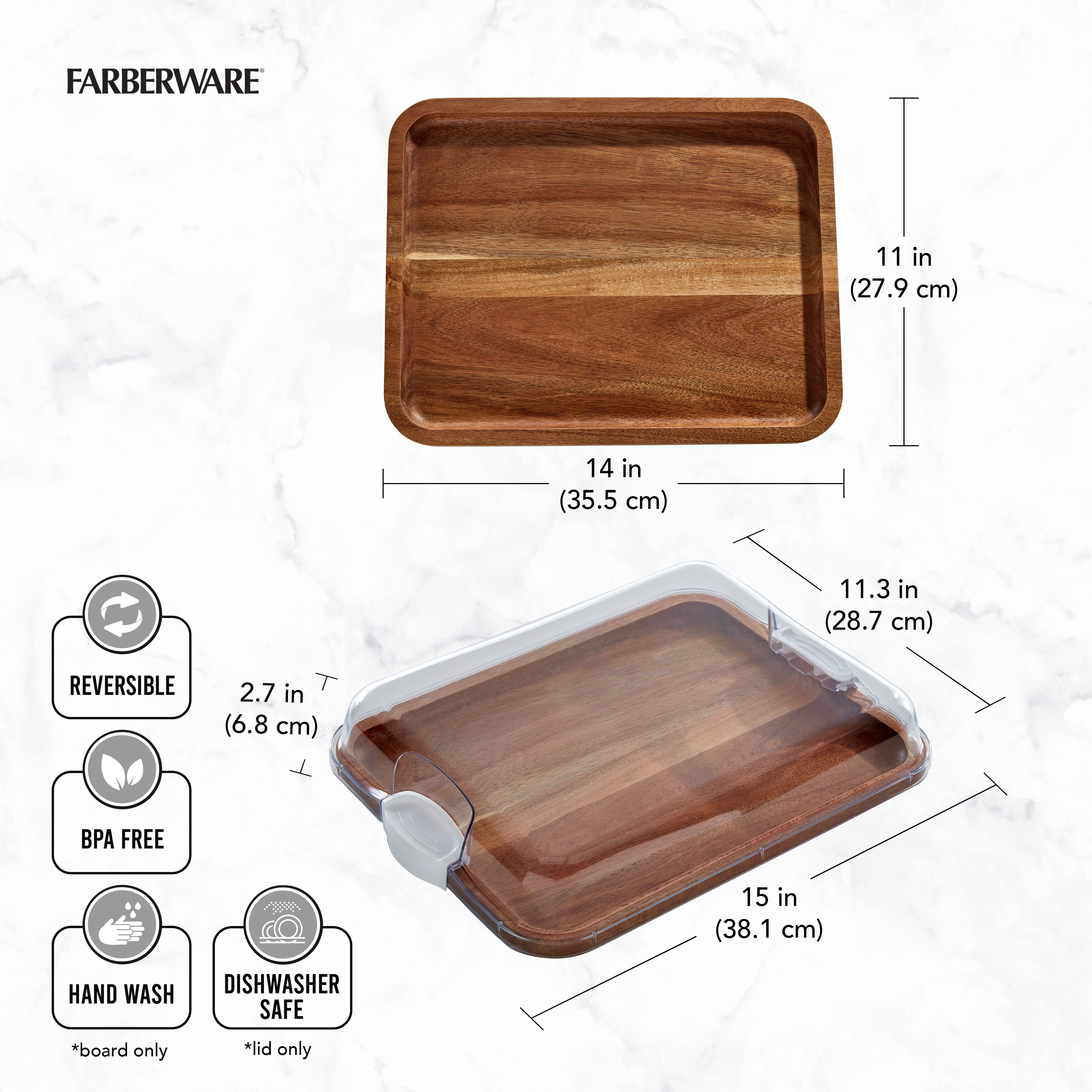 Farberware Build-a-Board Acacia Board, Single Compartment, Locking Lid, Charcuterie, 11x14, White