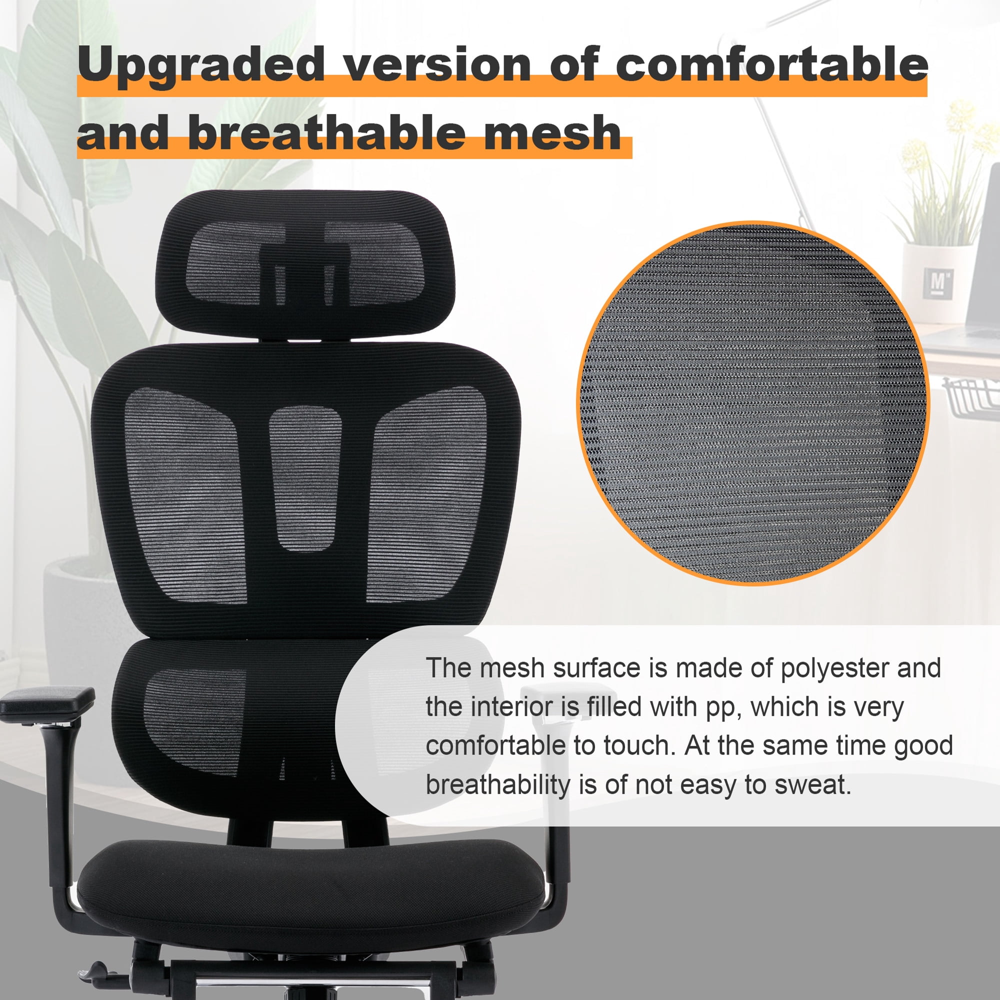 Ergonomic Office Chair with Footrest, High-back Computer Chair with Dynamic Lumbar Support, 2D Headrest & 4D Armrests, Sponge Cushion & Mesh Back, Home Office Chair for Adults, Black