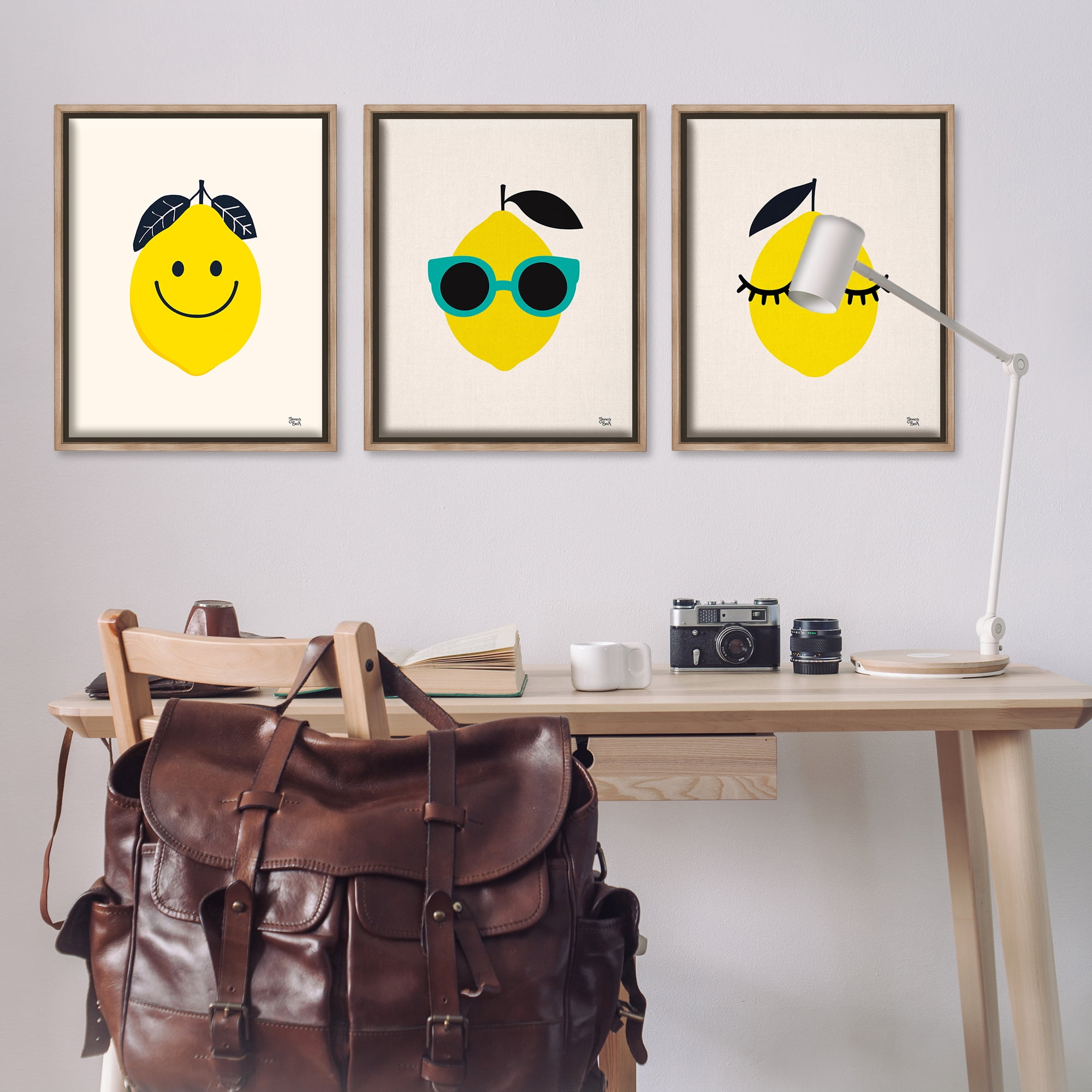 Stupell Industries Hip Summer Lemon Faces Food & Beverage Painting Brown Floater Framed Canvas Art Print Wall Art, 25 x 31, Set of 3
