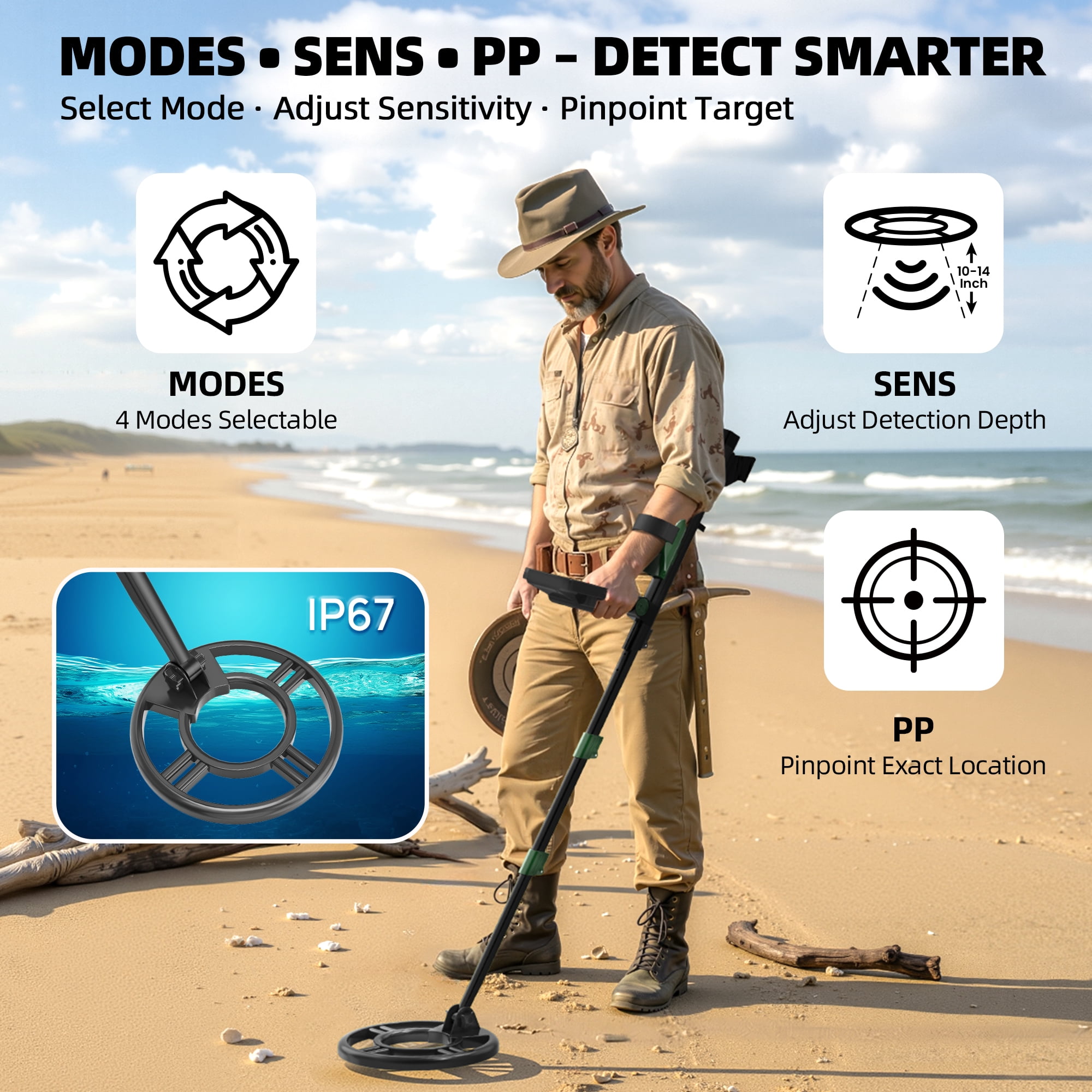 ABLEGRID Metal Detector for Adults and Kids Rechargeable Foldable, Professional Gold and Silver Detectors, High Accuracy Waterproof Pinpoint 4 Modes, Advanced DSP Chip 10" Coil, GC1021