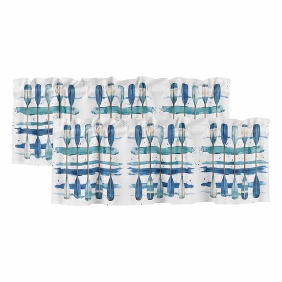 Lake Paddles Curtain Valances for Windows, Kitchen Valance Window Treatments Panel 2 Pack, Summer Watercolor Teal Blue Striped Rod Pocket Short Curtains for Bathroom Bedroom 60 x 18 Inch