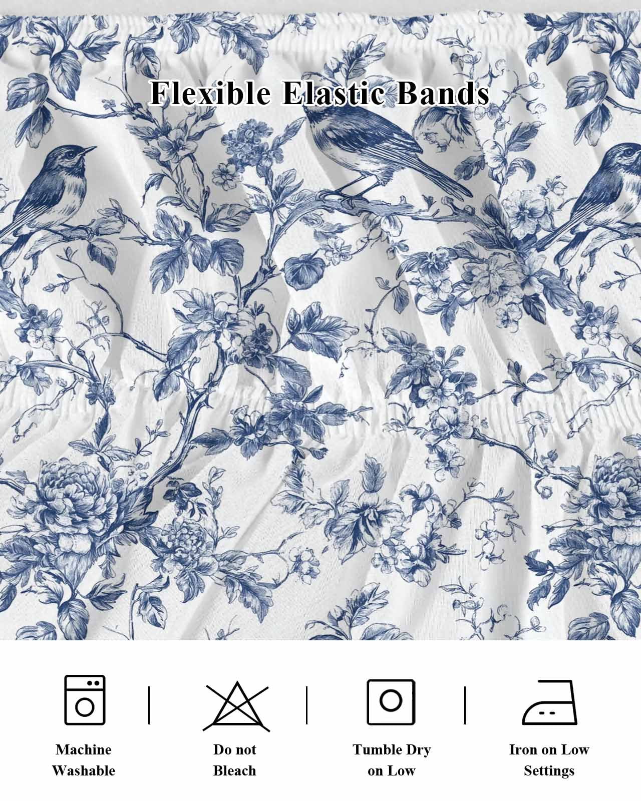 Blue Botanical Bed Skirt Queen Size, Vintage Botanical Birds Wrap Around Bed Skirting with Adjustable Elastic Strap, Dust Ruffle Pleated Bedskirts 16 Inch Drop for Bedroom Queen Beds