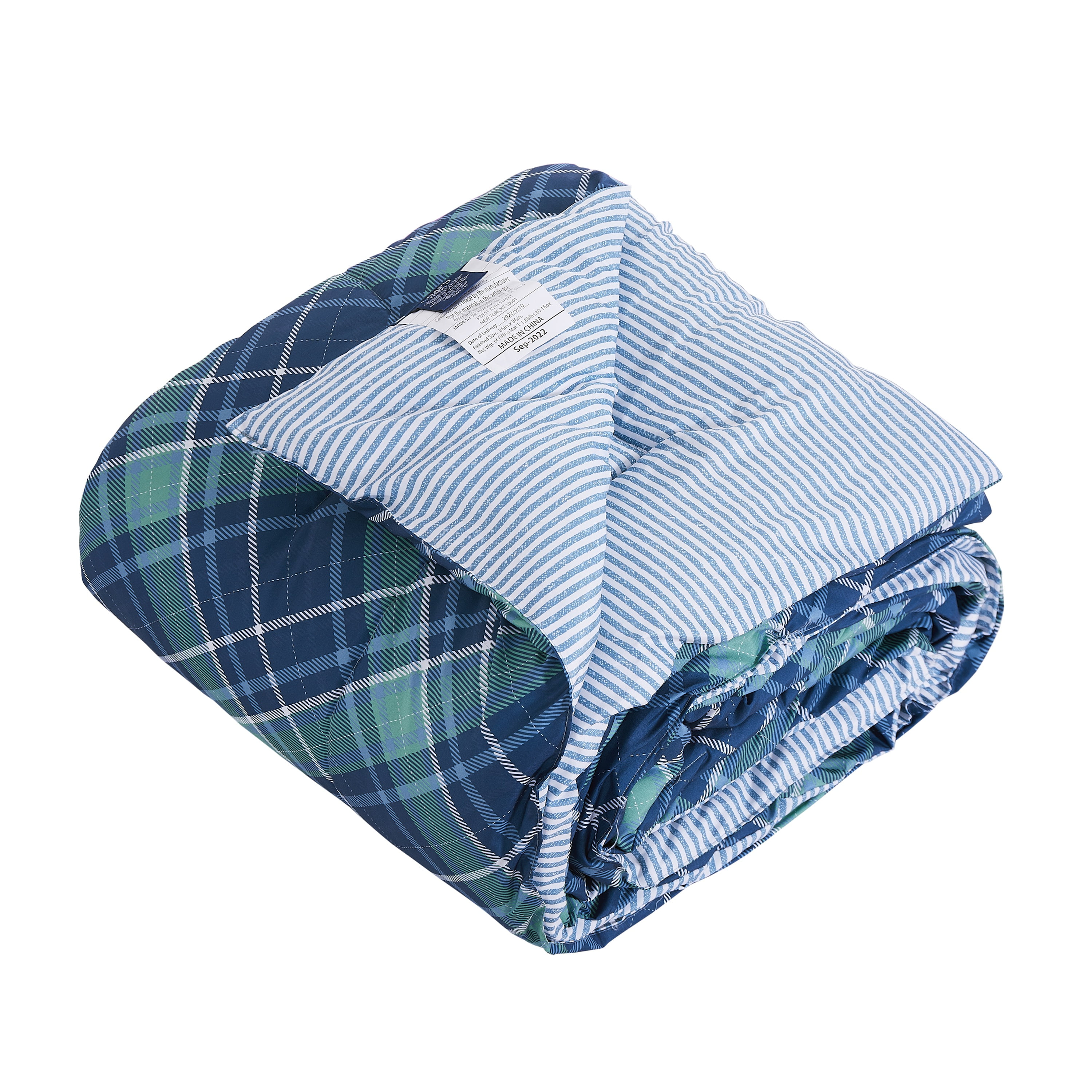 Boys Comforter Set 2-Piece Reversible Microfiber Kids Sham Plaid Bedding - Blue/Green - Full