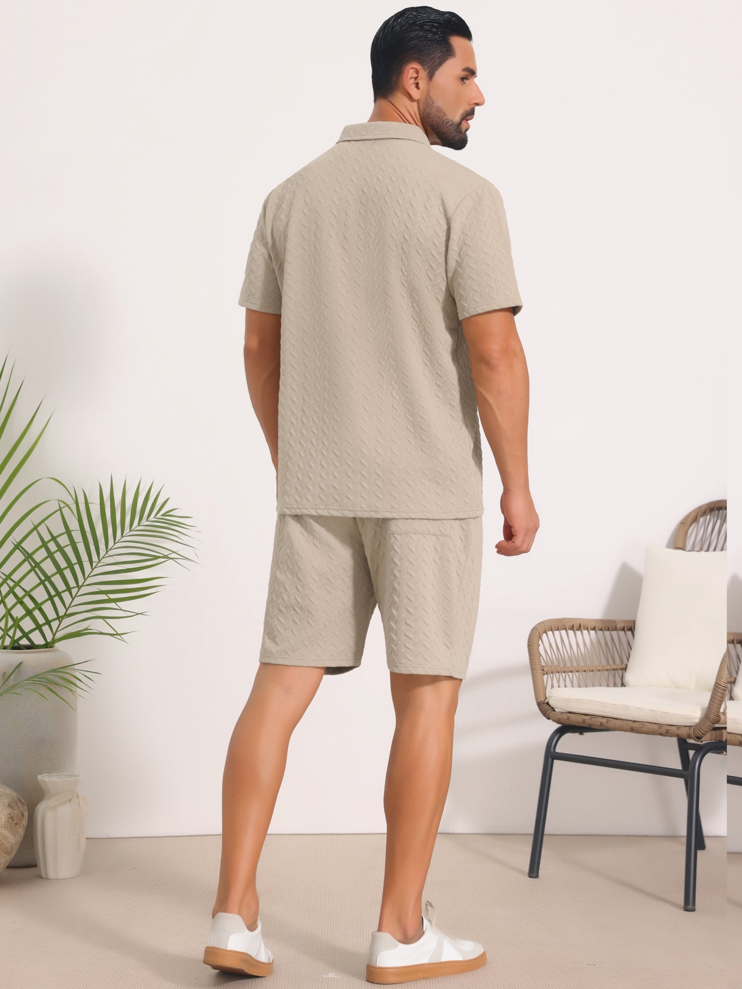 DARING DIVA Men's 2 Pieces Jacquard Polo Shirt & Drawstring Shorts Outfits L Beige