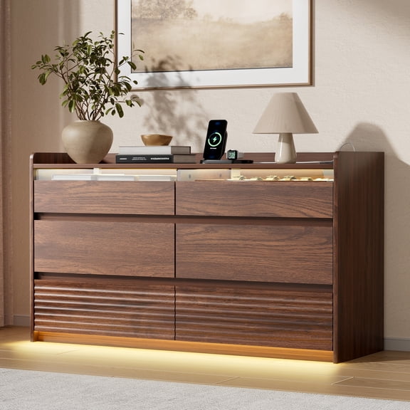 Satifur 6-Drawer Dresser with Charging Station & LED Lights, Modern Wooden Storage Cabinet & Chest of Drawers for Bedroom and Living Room, American Walnut