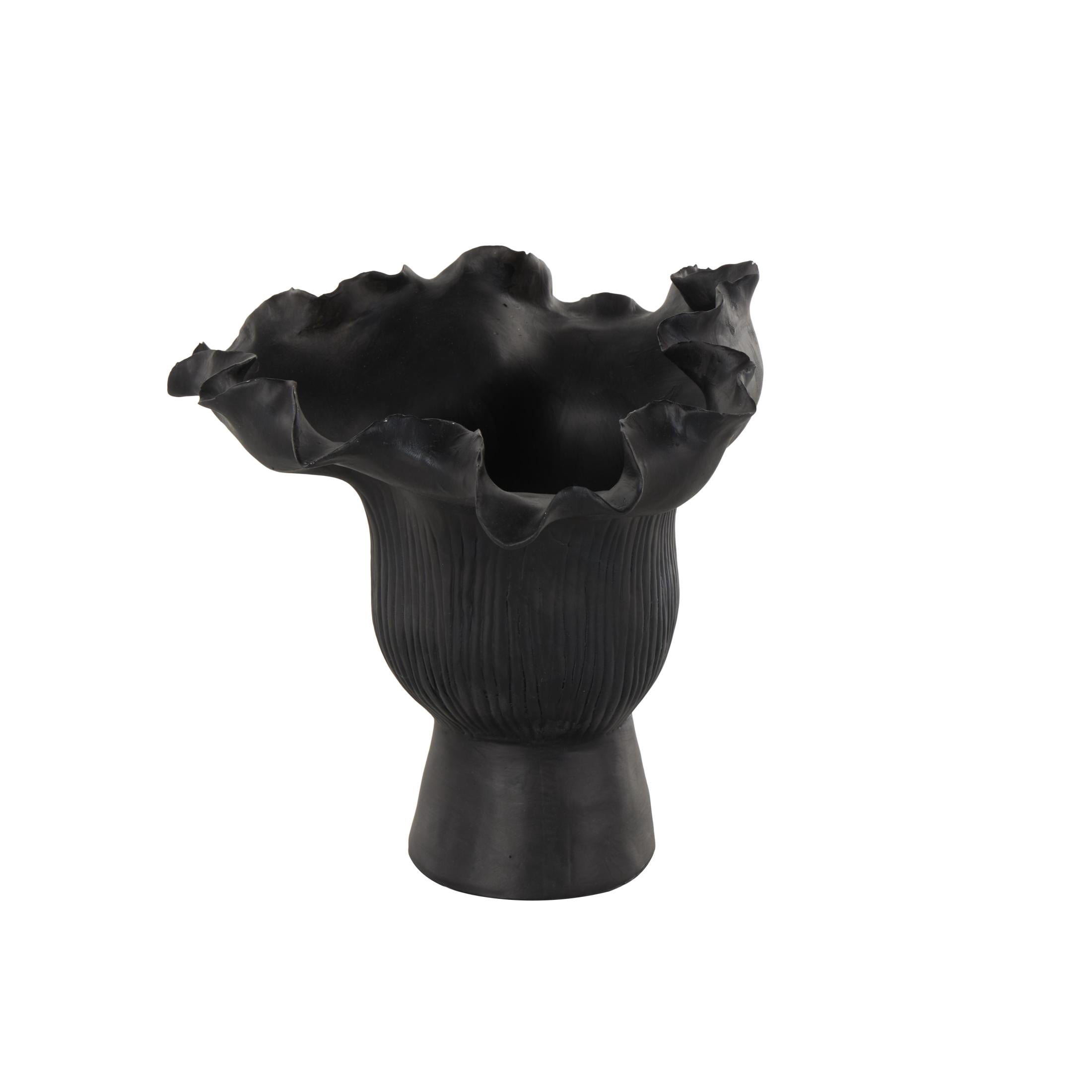 DecMode 8" Abstract Floral Inspired Black Ceramic Vase with Wavy Folded Rim and Linear Grooves