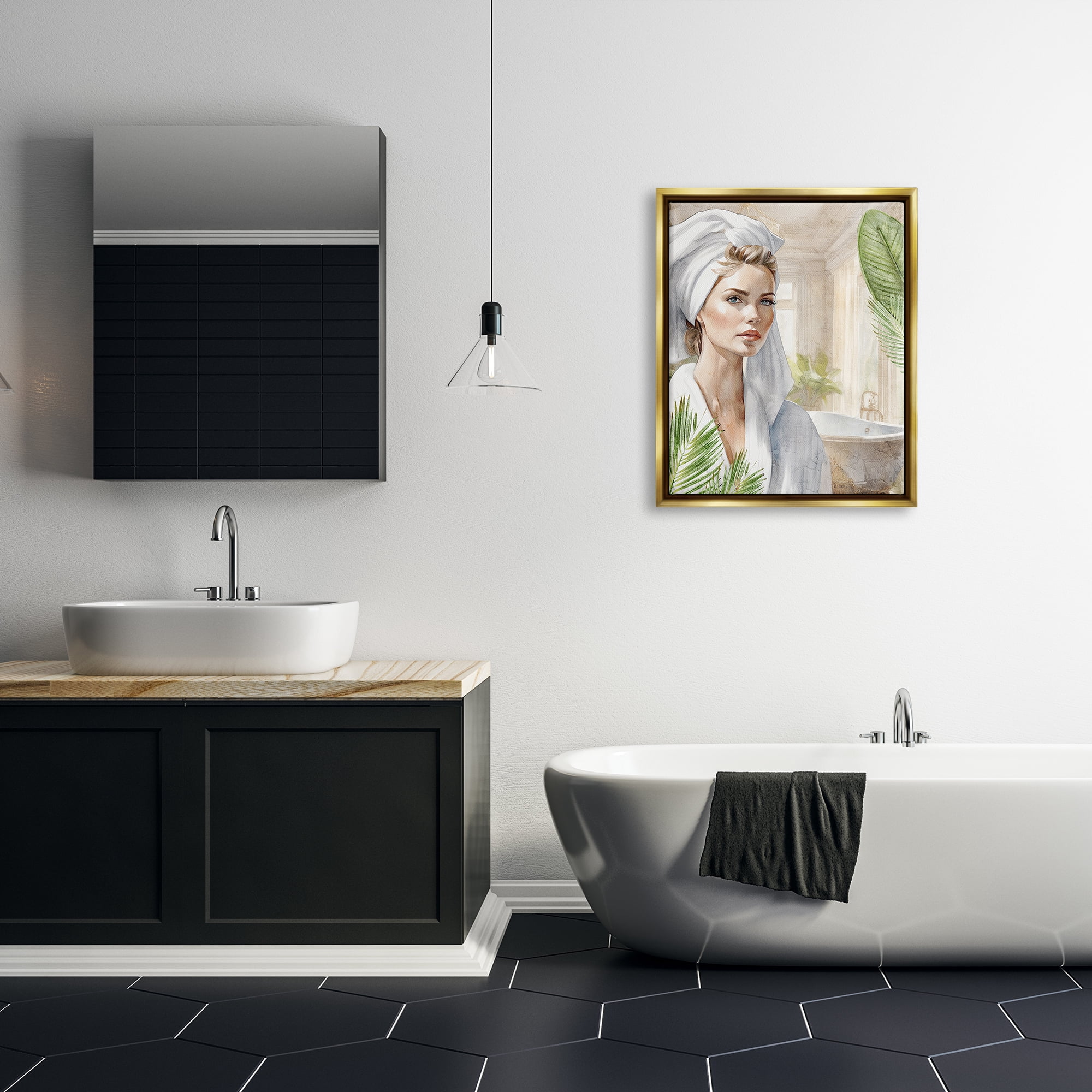 Stupell Industries Fashionista Bathroom Portrait Abstract Painting Gold Floater Framed Canvas Art Print Wall Art, 25 x 31