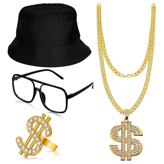 Hip Hop Costume 80s/90s Outfits Cool Rapper Accessories Sunglass Necklace Gold Plated Chain Necklace Bracelets